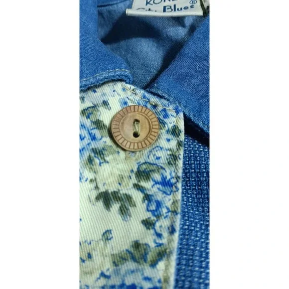 vintage koret crop top blue floral denim embroidered floral wooden button womens - Picture 8 of 10
